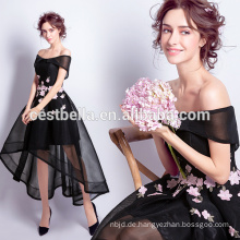 Schwarze Bridemaid Kleider Chiffon kurze vorne lange zurück Hochzeitsparty Kleider schwarz bedruckt Blume
